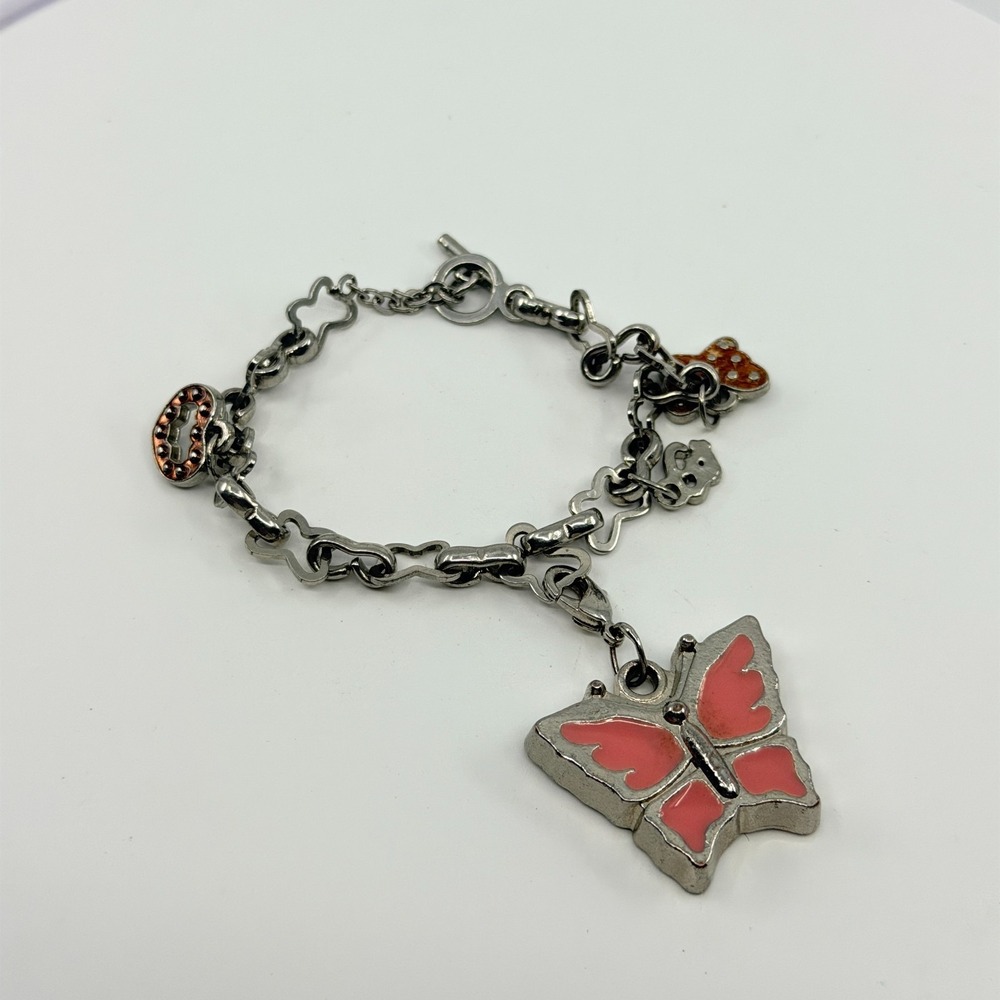 Vintage Y2K Silver Tone Pink Enamel Butterfly Toggle Charm Bracelet Chunky Boho